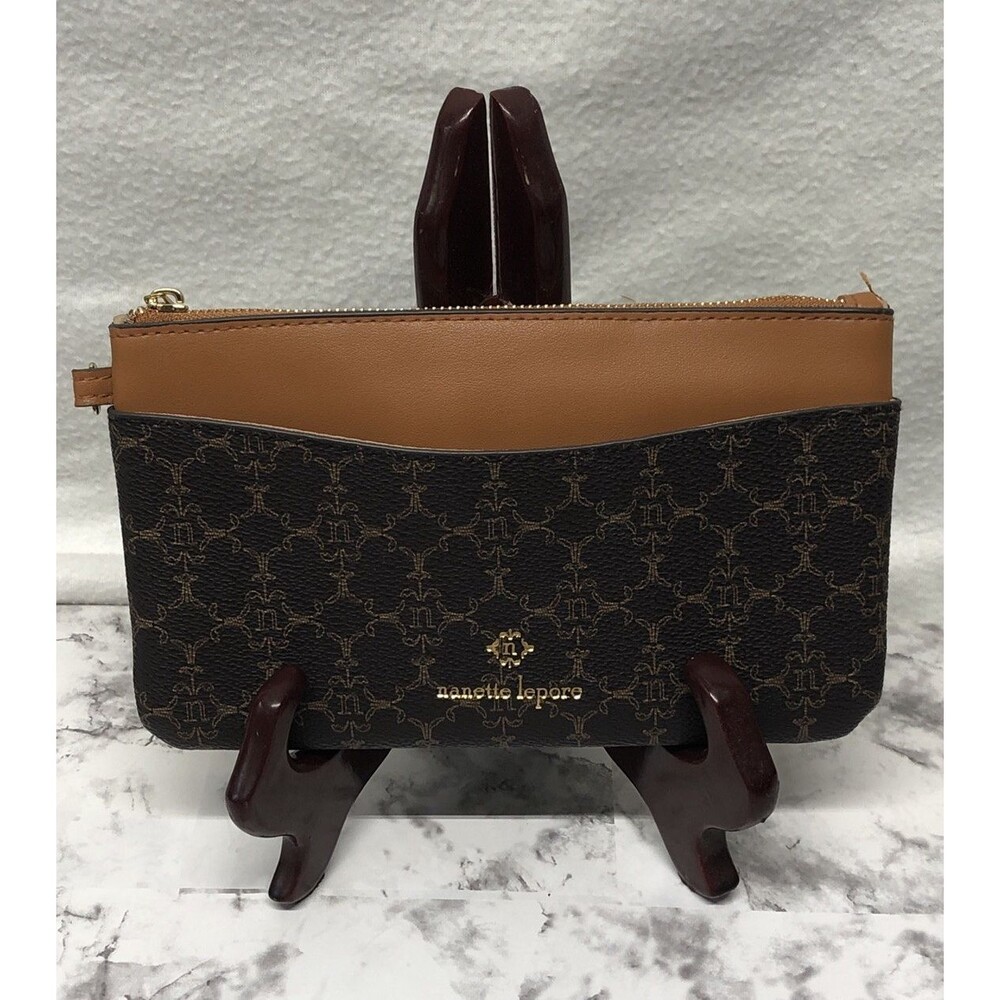 Nanette Lepore Coin Purse Pouch Wristlet Brown Tan Monogram Logo Zip Wallet